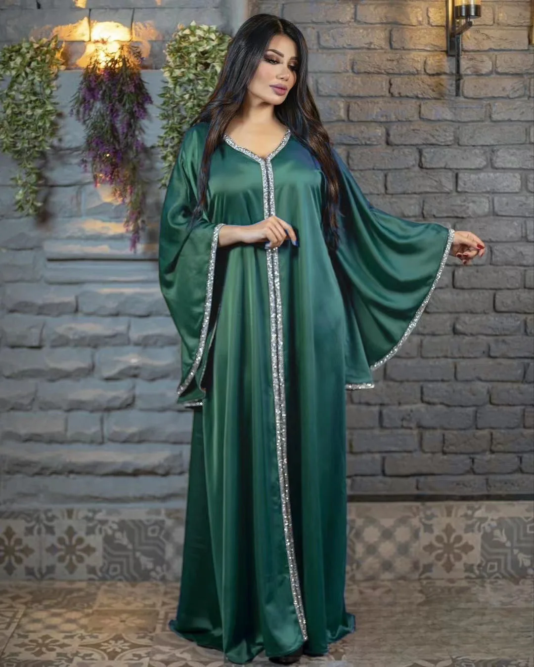 Abaya Dress 2023 Summer Elegant Muslim Women 3/4 Sleeve V-neck Polyester Blue Yellow Green Long Dresses Muslim Fashion Abaya