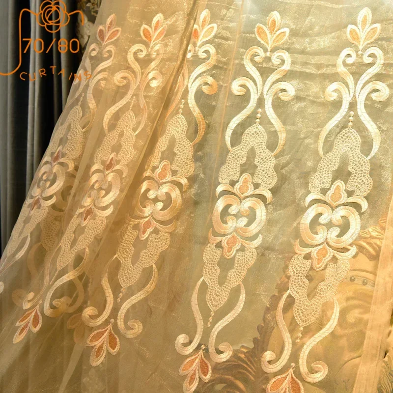 

European Gold Embroidered Window Screen Curtains for Living Room Bedroom French Window Finished Balcony Bay Window Partition