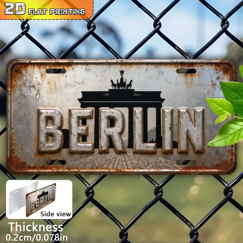 مسطح ثنائي الأبعاد، قطعة واحدة من بوابة برلين براندنبورغ العتيقة، لافتة معدنية من الألومنيوم الريفي مع فن التاريخ الألماني، متين في الهواء الطلق