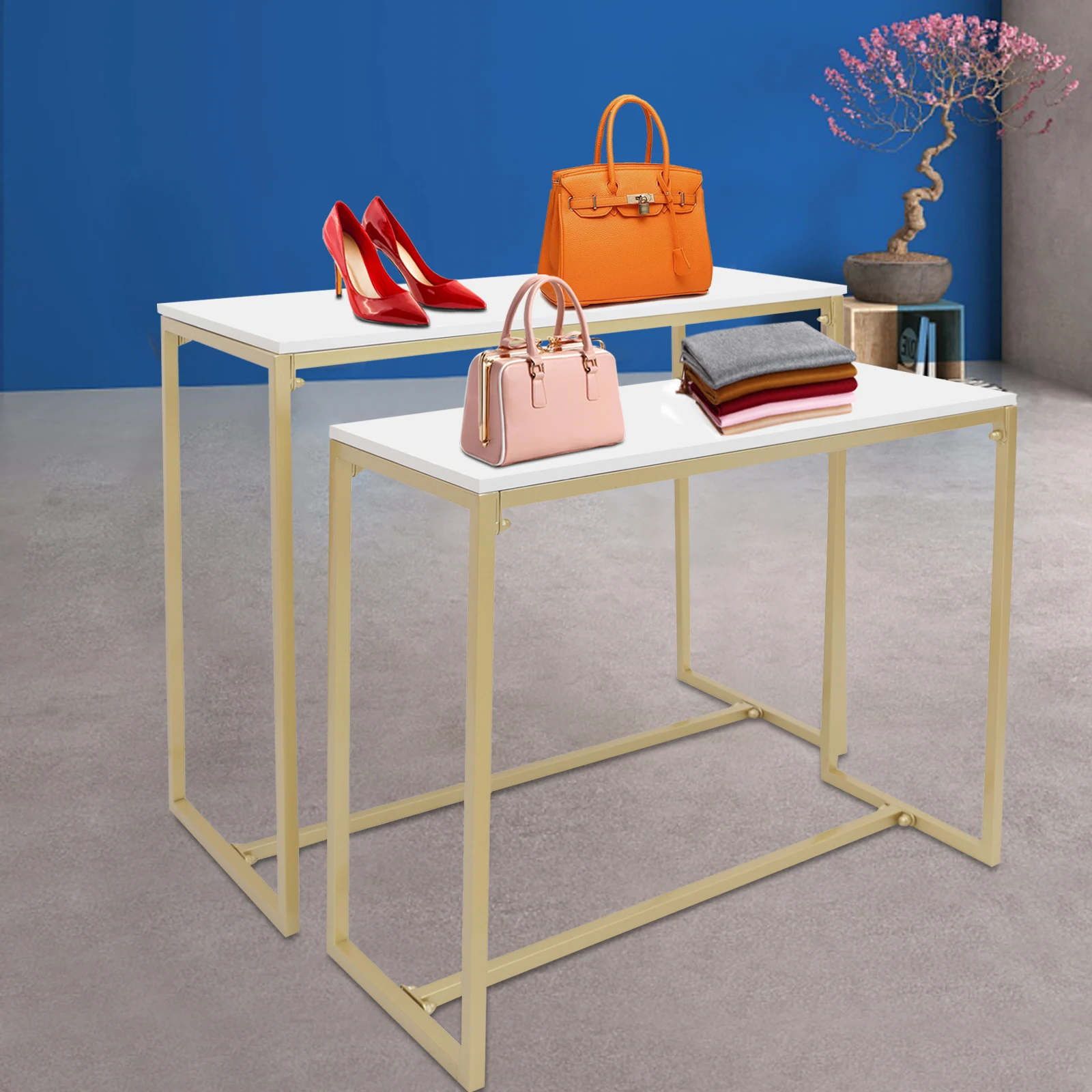 2 PCS Metal Shoe Handbag Display Stand Nesting Tables Display Riser Shelf for  Stores Steel Pipe and  Gold