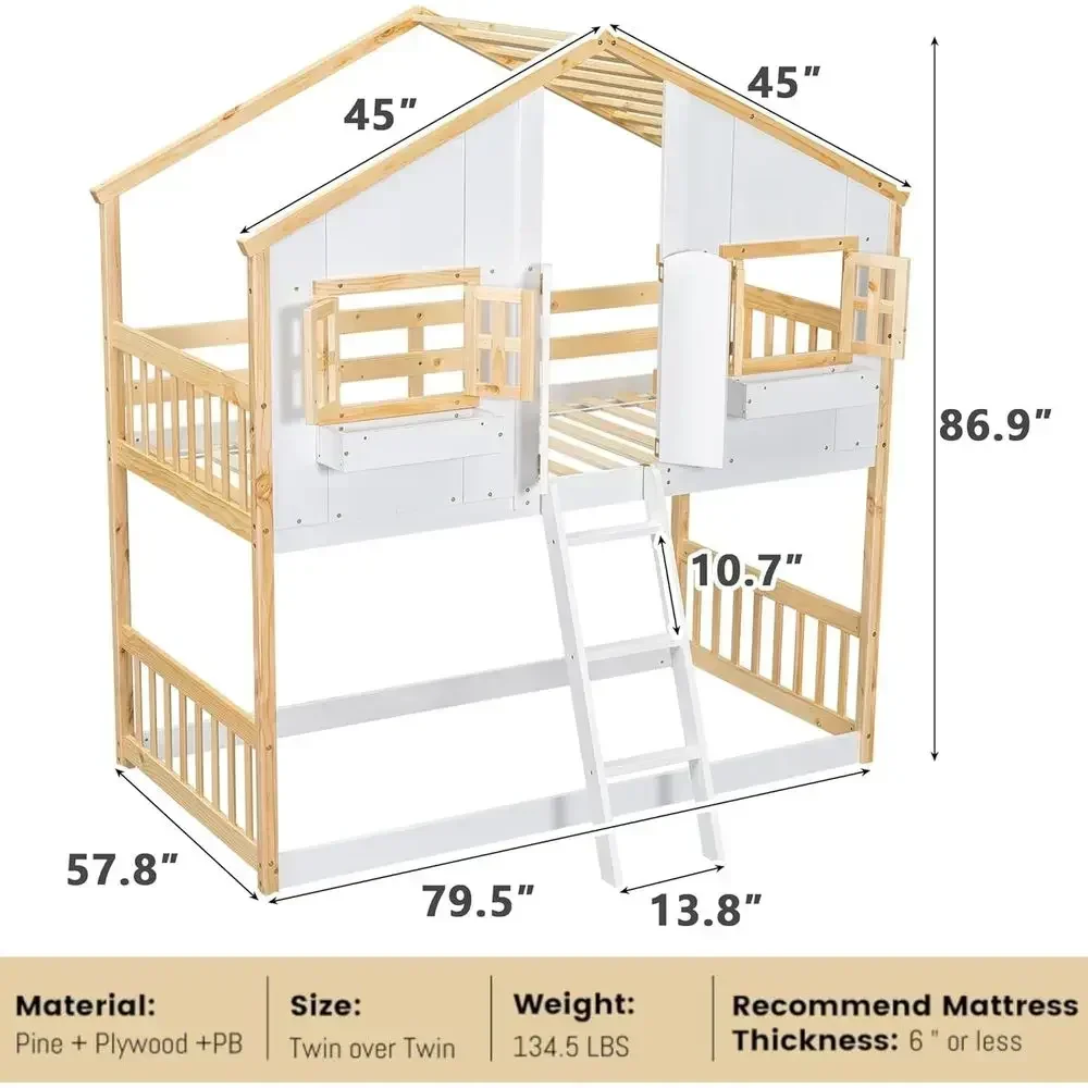 Twin Over Twin Kids Bunk Bed with Roof, Window, Box & Door, Ladder Access, Suitable for Boys, Girls, Teens in Natural and White