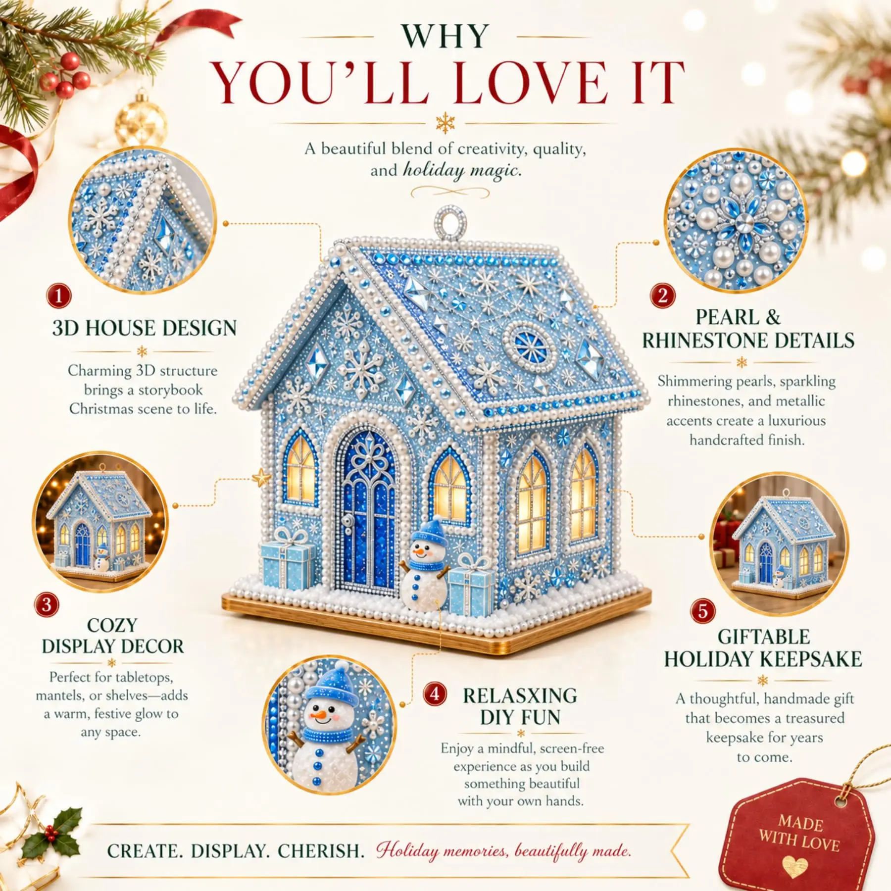 3D Christmas House Diamond Art, Hanging Wooden House Pearl Art Ornament Kits for Adults, Holiday Diamond Art Kits