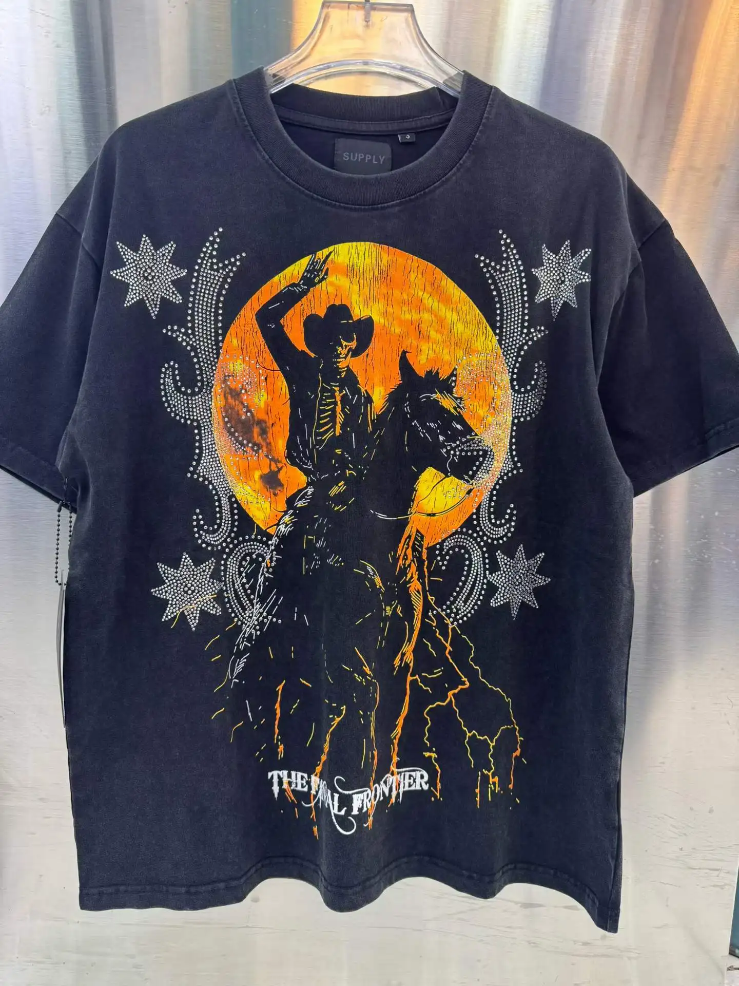 2026ss US Trendy Skeleton Cowboy Printed Diamonds Women Men T shirts tees Vintage Washed Oversized Men Cotton T shirt Summer