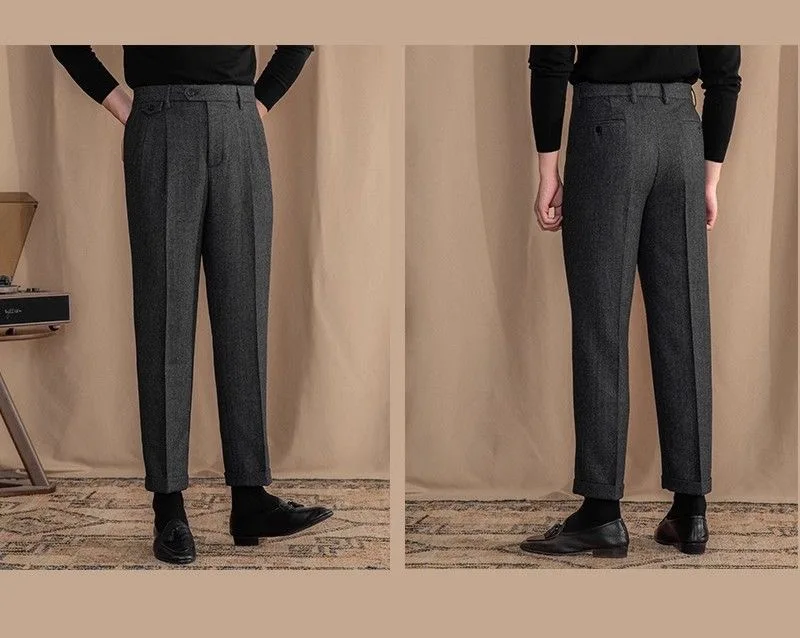Italian Vintage Suit Pant For Men Autumn Winter Wool Herringbone Pattern Straight Trousers British Style Business Casual Pants