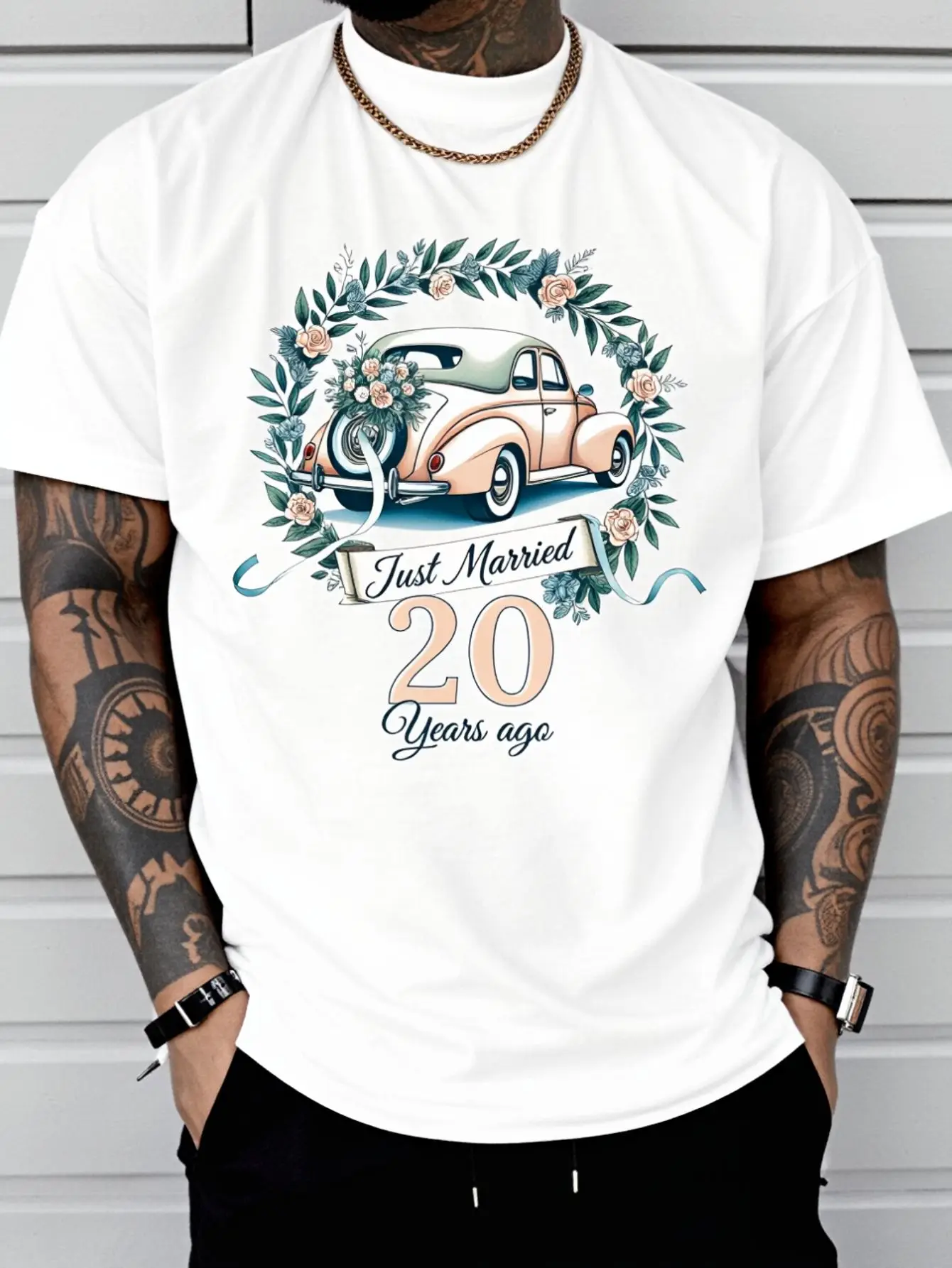 Just Married 20 Years Ago Floral 20th Wedding Anniversary T-Shirt Print T-Shirt Casual Crew Neck Short Sleeve Comfort Tee Top For Spring & Summer Men's Clothing