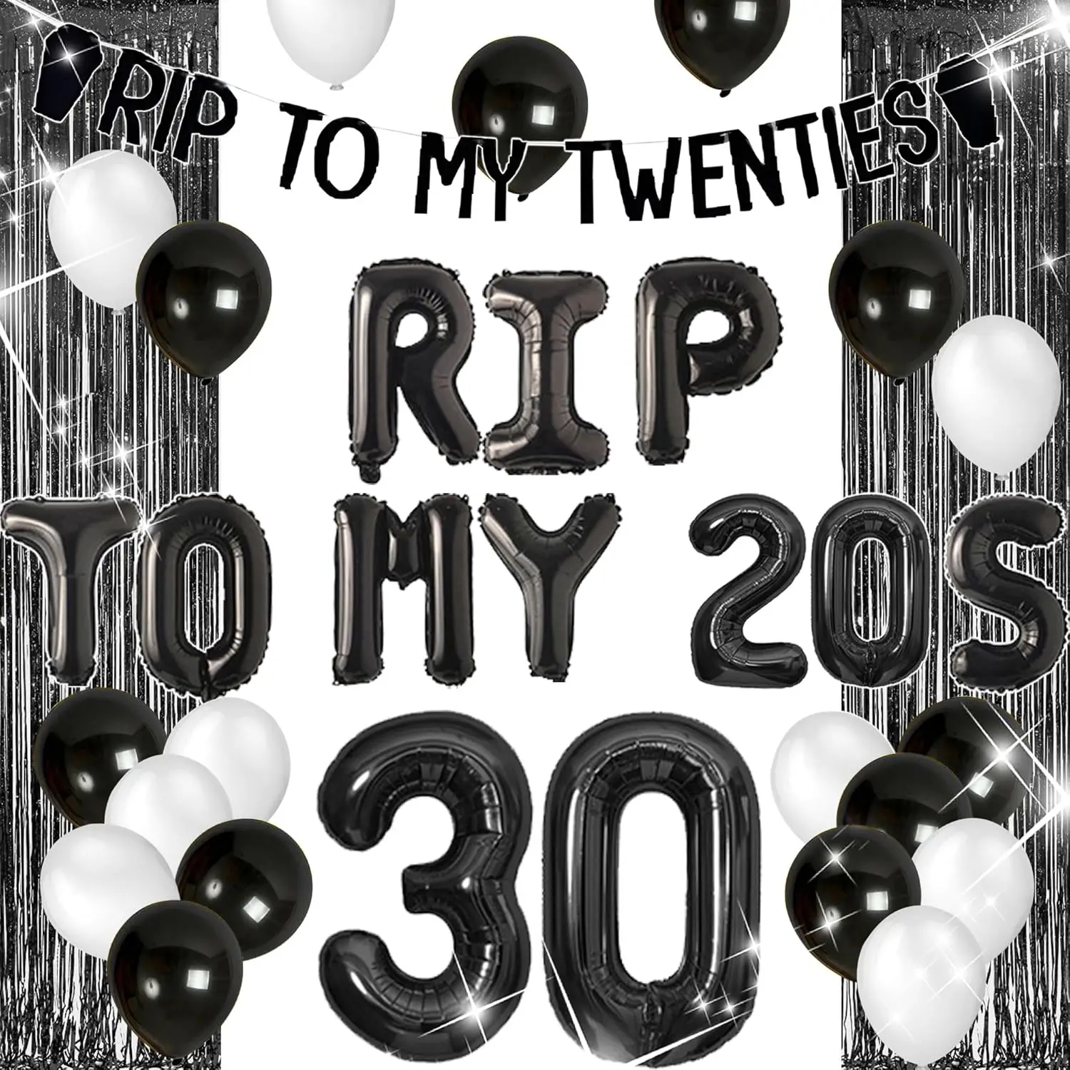Ballons 'Adieu mes 20 ans', Ballons 'Adieu les années 20', Décoration d'anniversaire gothique, Bannière 'Adieu mes 20 ans', Décoration funéraire pour la fin de la période de jeunesse, 30e anniversaire
