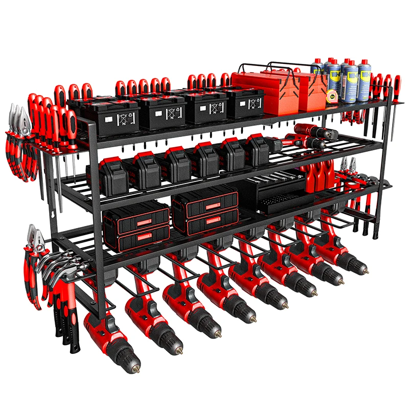 Power Tool Organizer Wall Mounted Drill Holder Garage Tool Organizer Heavy Duty Metal 8 Drill Holder Rack 4-Tier Power Tool Rack