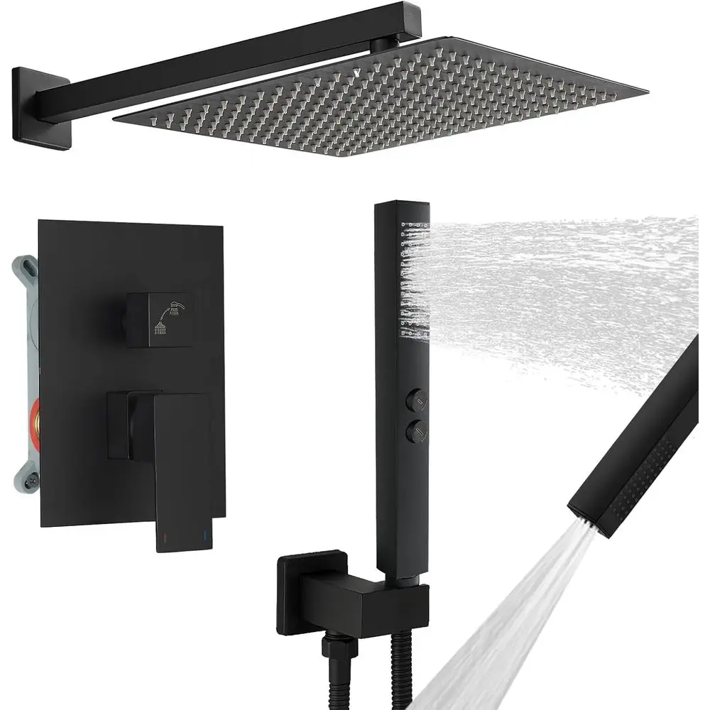 

12-дюймовая квадратная душевая система высокой чистоты с ручным распылителем 2-в-1 и настенным латунным смесителем, сертифицированный UPC комплект для скрытого монтажа