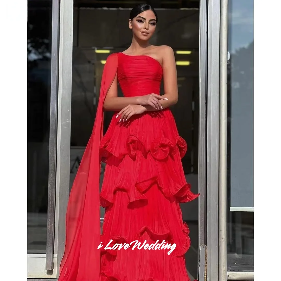 

Red Ruffles Evening Dresses Shawl One Shoulder Multi-Layered شارون سعيد A-Line robes de soirée Sleeveless Customized