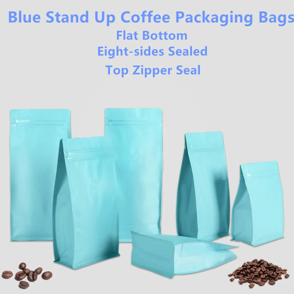 

50pcs Blue Stand Up Coffee Packaging Bags with Air Valve / Flat Bottom Aluminum Foil Zipper Reseal Pouch Tea Baked Bean Package