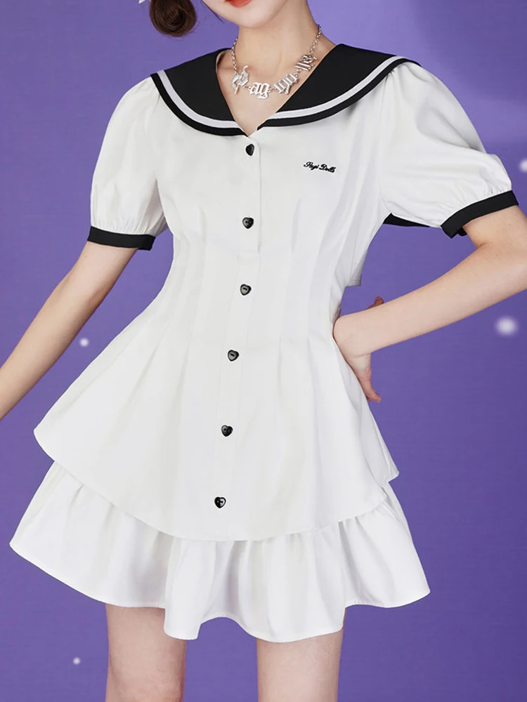 Sweet White Dress Women Summer Backless Short Dresses Female Japanese Sailor Collar Pleated Dress Ladies Preppy Style Vestidos