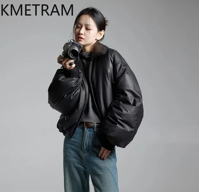 KMETRAM Natural Sheepskin Genuine Leather Down Jacket Black Vintage Women's Winter Coat Short Thicken New Outerwears 2025 пальто