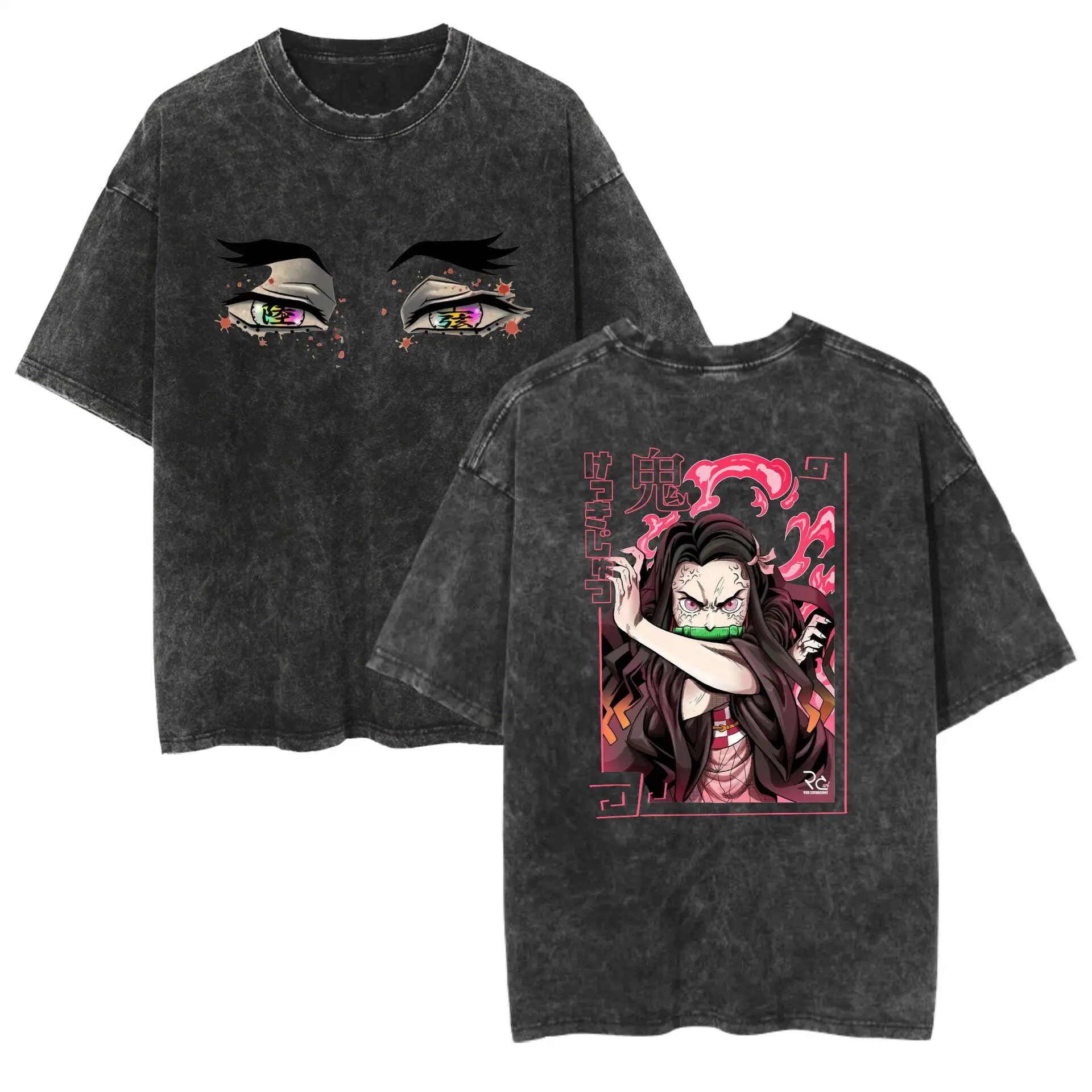 

Новая футболка оверсайз Demon Slayer Nezuko Kamado с эффектом кислотной стирки, винтажная, из плотного хлопка, с аниме-графикой, для фанатов KNY, коллекция 2026 года