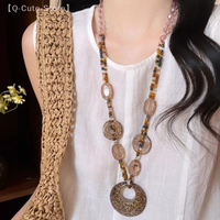 Ethnic Sle Round Resin Leopard Long Sweater Chain Necklace Retro Crystal Pendant Female Jewelry Neck Accessories