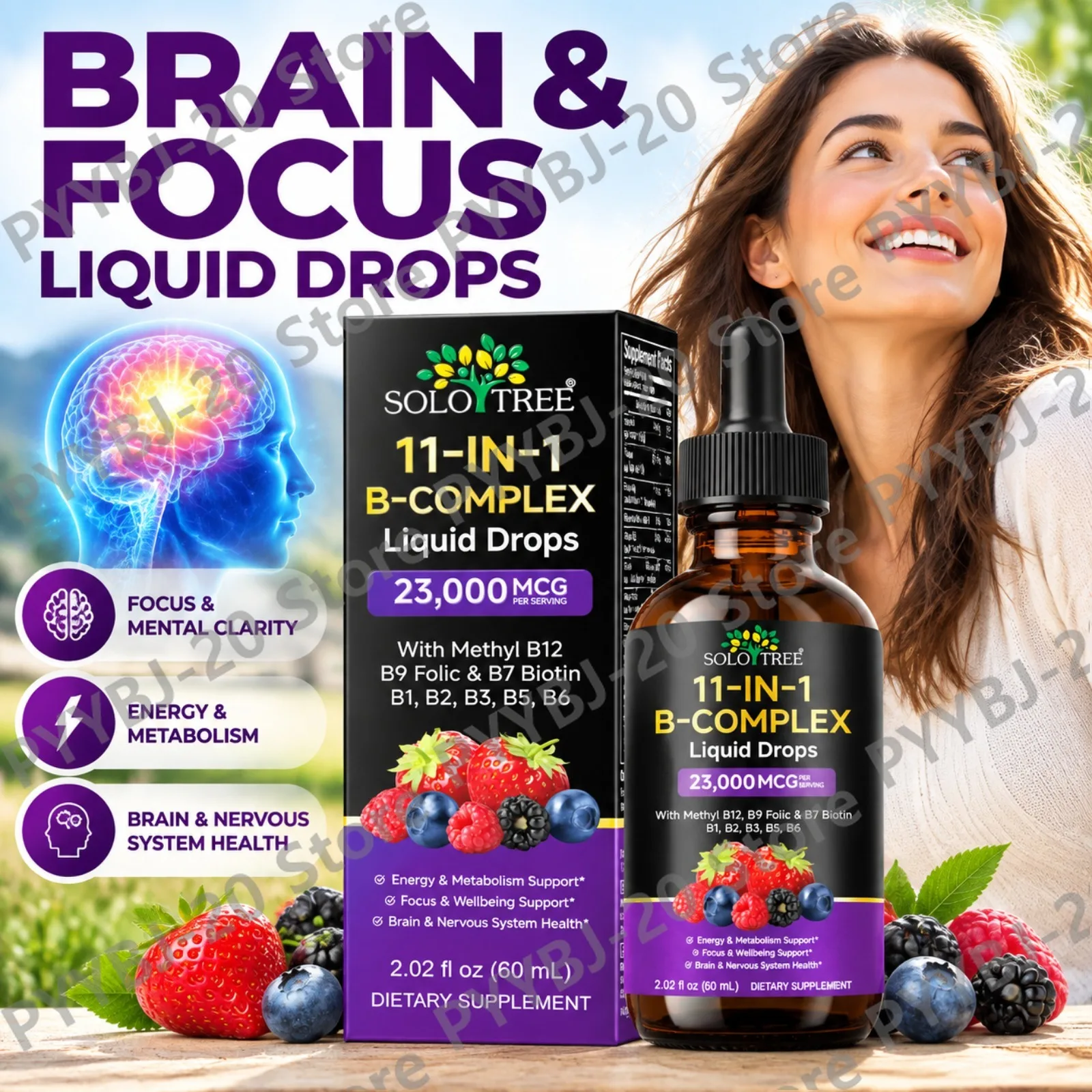 SOLOTREE 11-in-1 Vitamin B Complex Drops - with Methyl B12 B9 Biotin Supports Brain Health & Daily Vitality 60ml