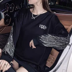 2023 Autumn and Winter Temperament Casual Bright Diamond O-neck Neck Women Clothing Simplicity Loose Korean Pullover Top