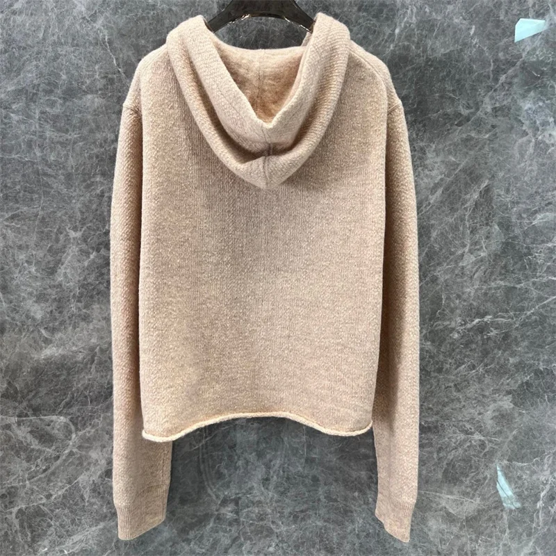 Women Autumn & Winter New Knitted Hooded M420238 Hardware Zipper Loose Cardigan Short Coat Thick Khaki Colour Sweater Clothes