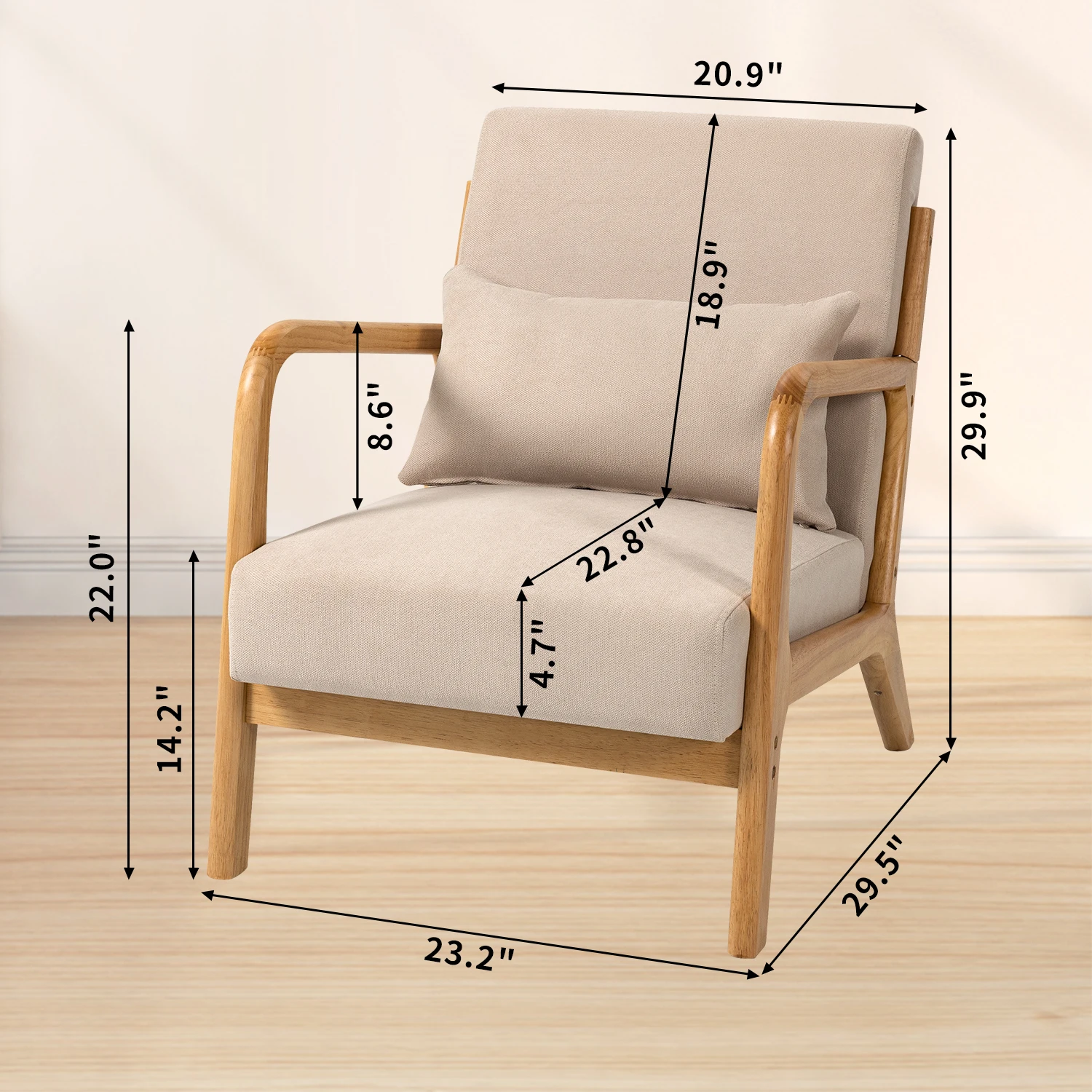 Silla de ocio con reposabrazos y pies de madera maciza, sofá de acento moderno de mediados de siglo, 1 asiento