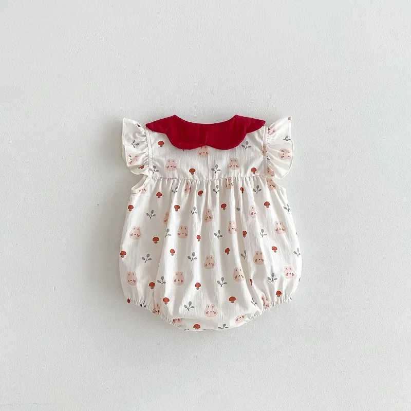 2024 Summer Baby Romper 0-2Years Newborn Princess Girl Fly Sleeve Peter Pan Collar Rabbit Print Cotton Bodysuit Outfits Clothes