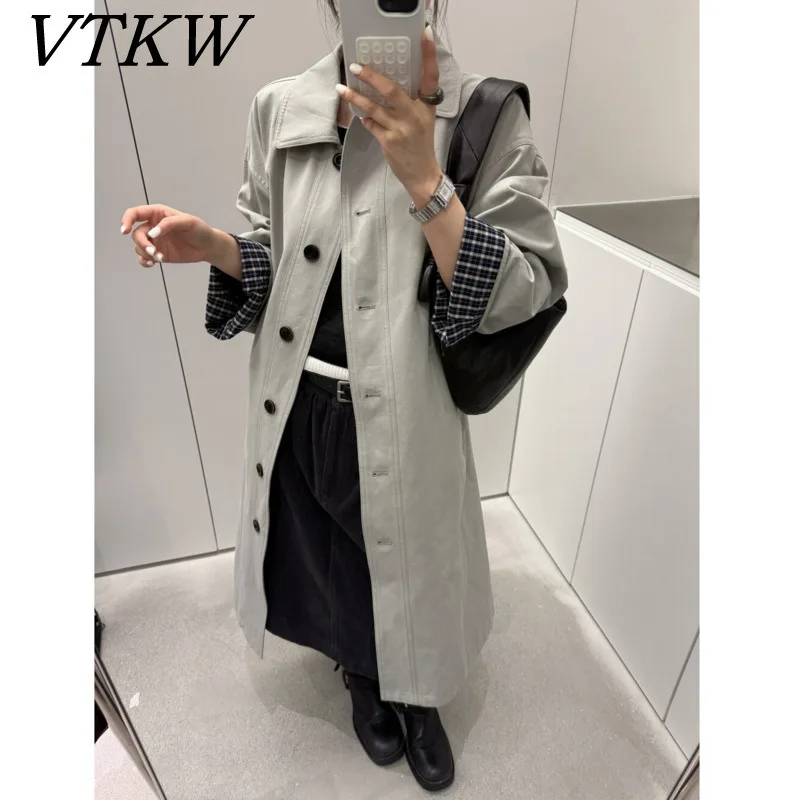 

VTKW женское весеннее пальто 202, оверсайз, клетчатая манжета, светло-серая ветровка, повседневная универсальная длинная куртка, корейская модная верхняя одежда