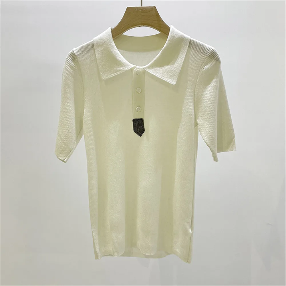 2025 Spring/Summer New Polo Collar Simple Versatile Knitted Shirt Solid Color Short Sleeve Women Top