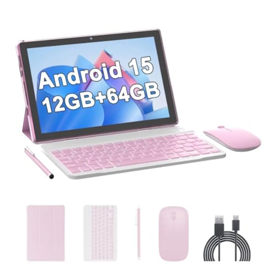

10 Inch Android 15 Tablet 2 in 1 with Keyboard and Mouse 64GB ROM+12GB RAM 6000mAh Battery 5G WiFi-6 Dual Camera 2MP+8MP Suppor