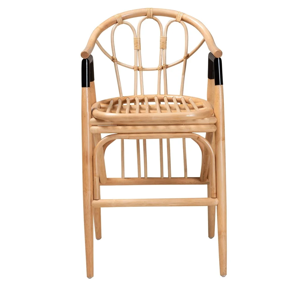 Modern Bohemian Rattan Counter Stool Ergonomic Footrest Openwork Design Round Armrests Fully Assembled Indoor Seating Natural