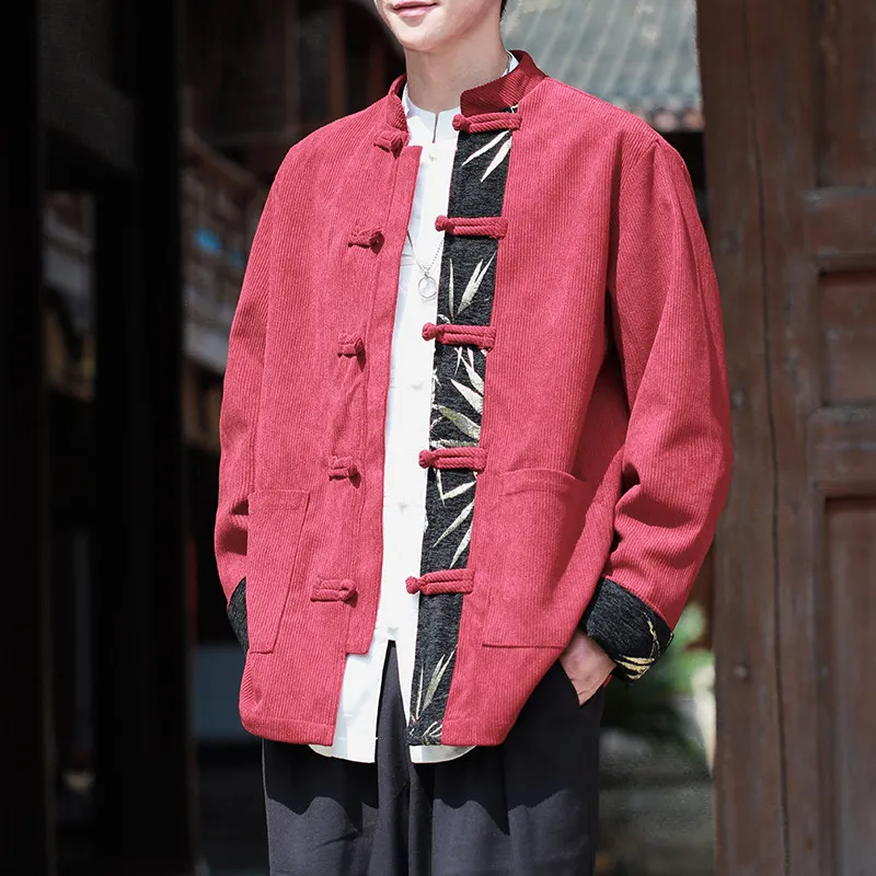

Красный китайский мужской джгут с воротником-стойкой на пуговицах, вельвет в стиле ретро, молодежная верхняя одежда из полиэфирного волокна, длинный све