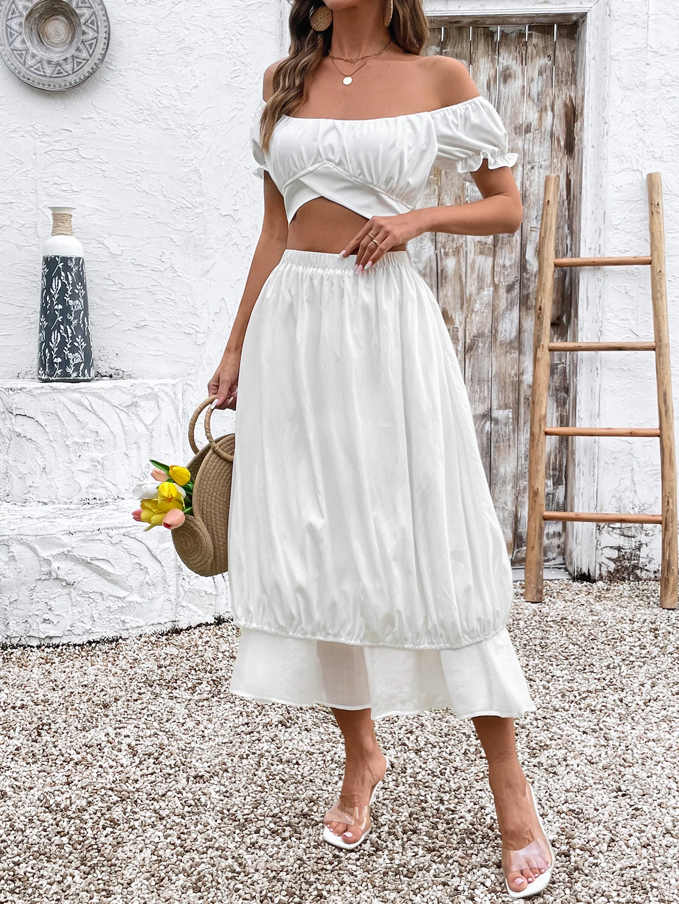 

White High Waist Puffy Layered Midi Skirt Elegant Flowy A Line Skirt for Women