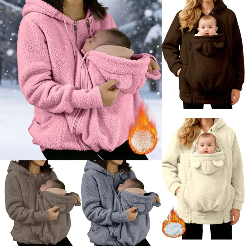 Maternity Fleece Hoodies Women Kangaroo Design Big Pockets Jackets For Pregnant Baby Wearing Mother Warm Winter Plush Clothes