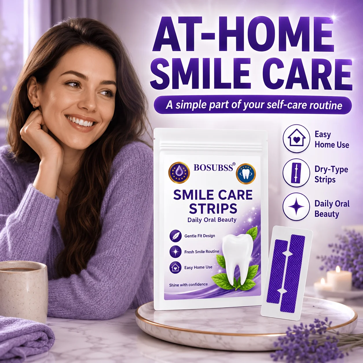 BOSUBSS 6/10 Stück Trockene Smile Care Strips, Obere & Untere Lila Strukturierte Streifen für Tägliche Mundpflege und Einfache Heimanwendung – Detail 4
