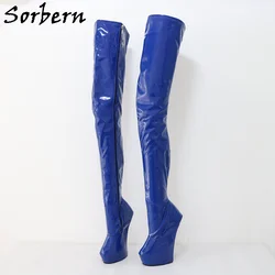 Sorber Blue bloccabile cerniera cavallo stivali alti alla coscia Unisex Fetish Ballet Wedge Boot personalizzato Fetish Boots scarpe piattaforma