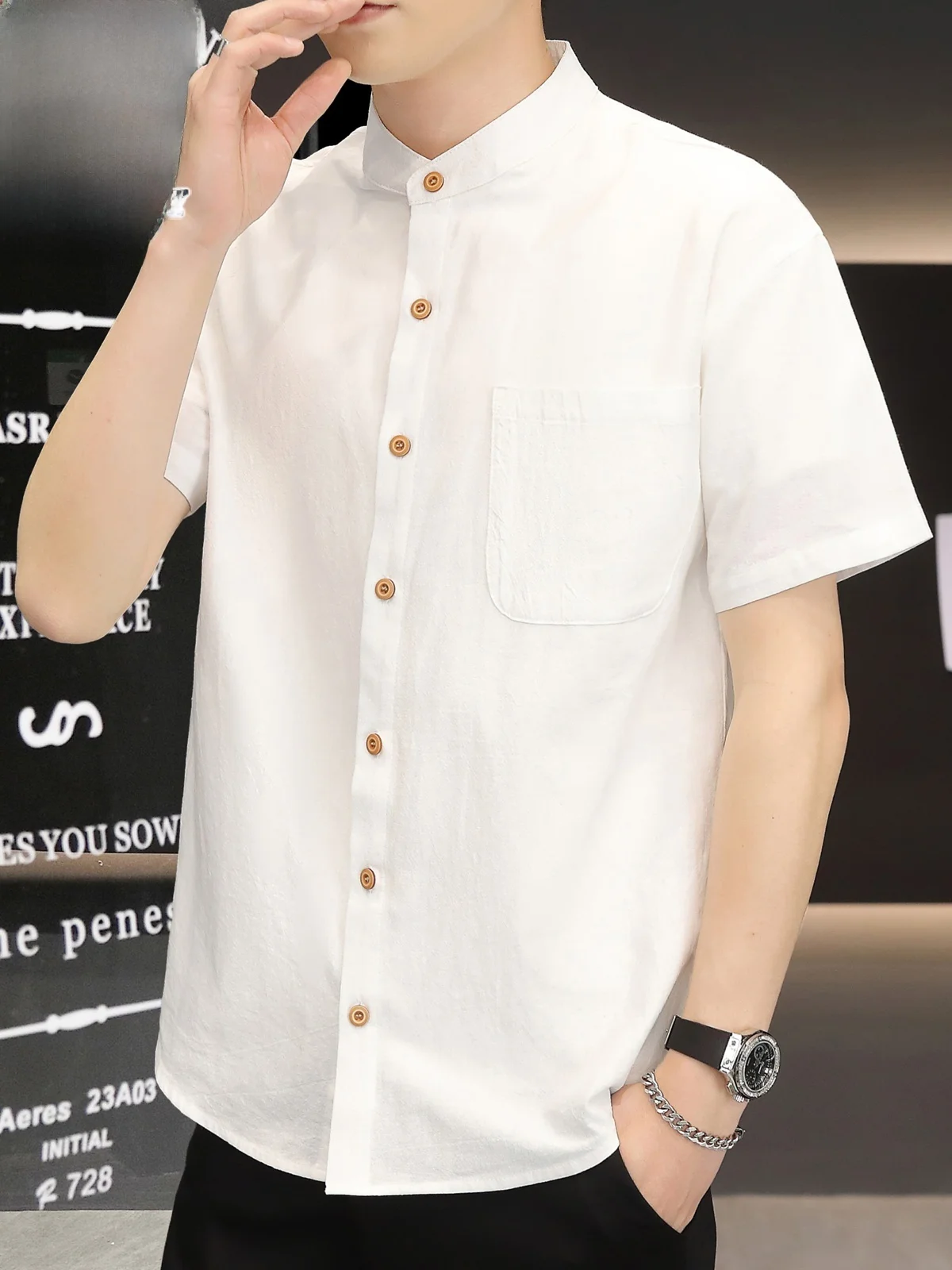 

Chinese Sle Stand Collar ort Sve Pure Cotton Casual irt Men's Summer New White Loose Fit Button down irt