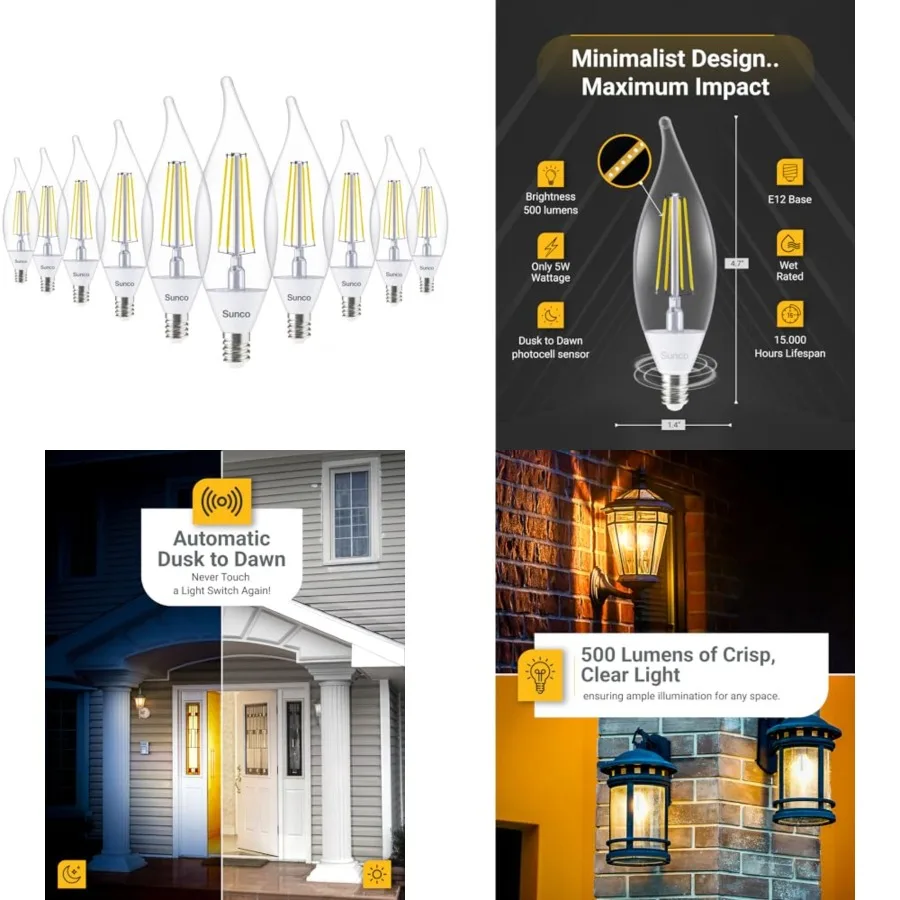 

Sunco 10 Pack Dusk to Dawn Candelabra CA11 LED Light Bulb Outdoor, 5W Equivalent 40W, CRI90, Candle Flame Tip, Photocell Sensor