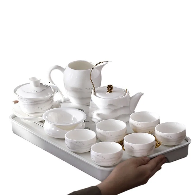 

Suet jade tea set Home office guest Kung Fu tea set New tea making white porcelain teapot Teacup set