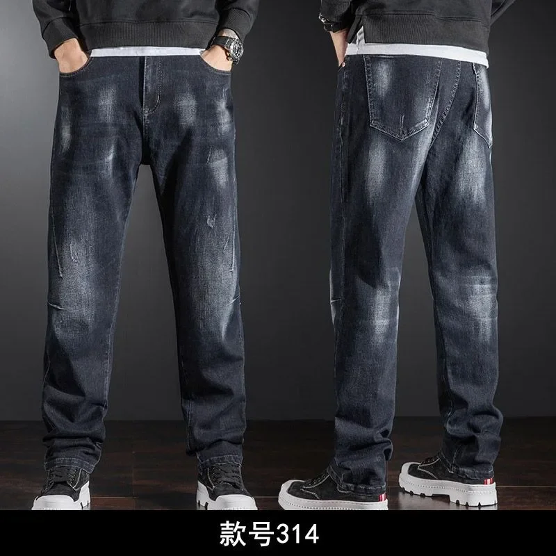 High Appearance Level Trousers Summer Thin Splicing Elastic Fattening Enlarged Jeans Men's Fat Men's Loose Straight Trousers New