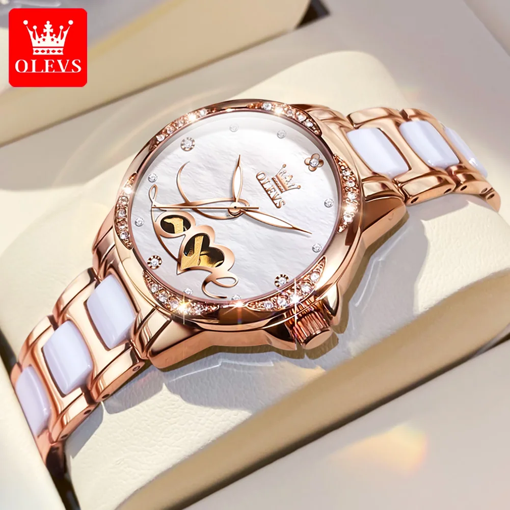 OLEVS Brand Fashion Heart-Shaped Hollow  Mechanical Watch for Women Waterproof Luxury Ceramics Watches Womens Relogio Feminino