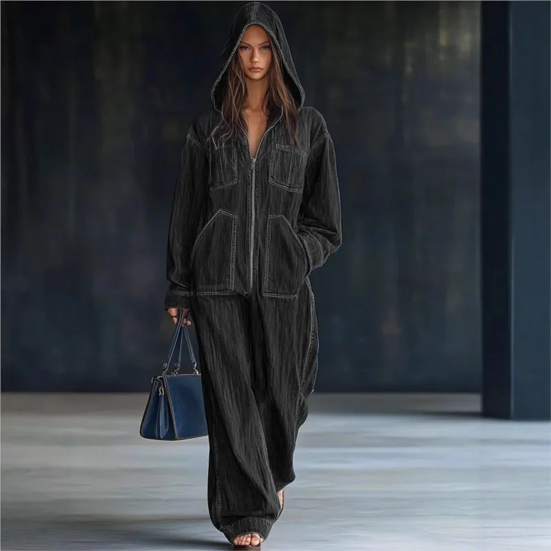 

2025 New Autumn Winter Hooded Jumpsuits for Women Hoodie Long Sleeve Zip Loose Pocket Wide Leg Trousers One Piece Romper