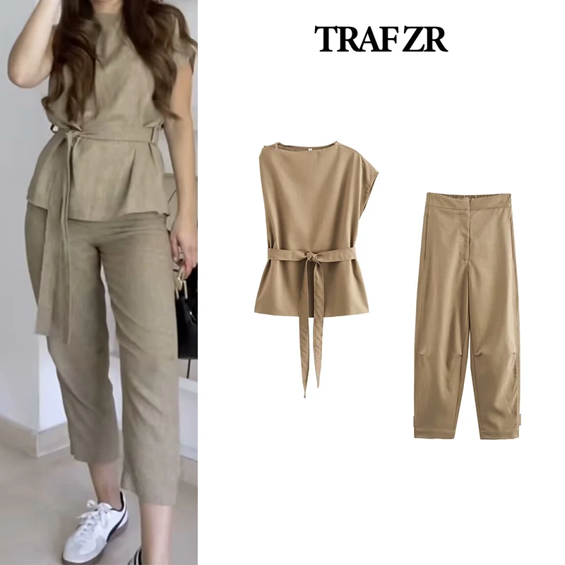 TRAF ZR Cozy Sets of Two Pieces for Modern Women Khaki Sets for Women 2 Pieces Elegant Minimalist Korean Style Two Piece Set