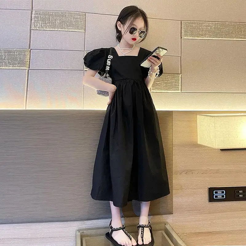 2023 NEW summer kids teenager Girls clothes black boat neck high waist long Backless dress baby fashion 5 6 7 8 9 10 11 12 year