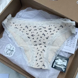 Sweet Floral Print Lace Trim Bow Underpants Women Girls Low Waist Sexy Hollow Out Cotton Soft Panitties Vintage Cute Y2K Panties