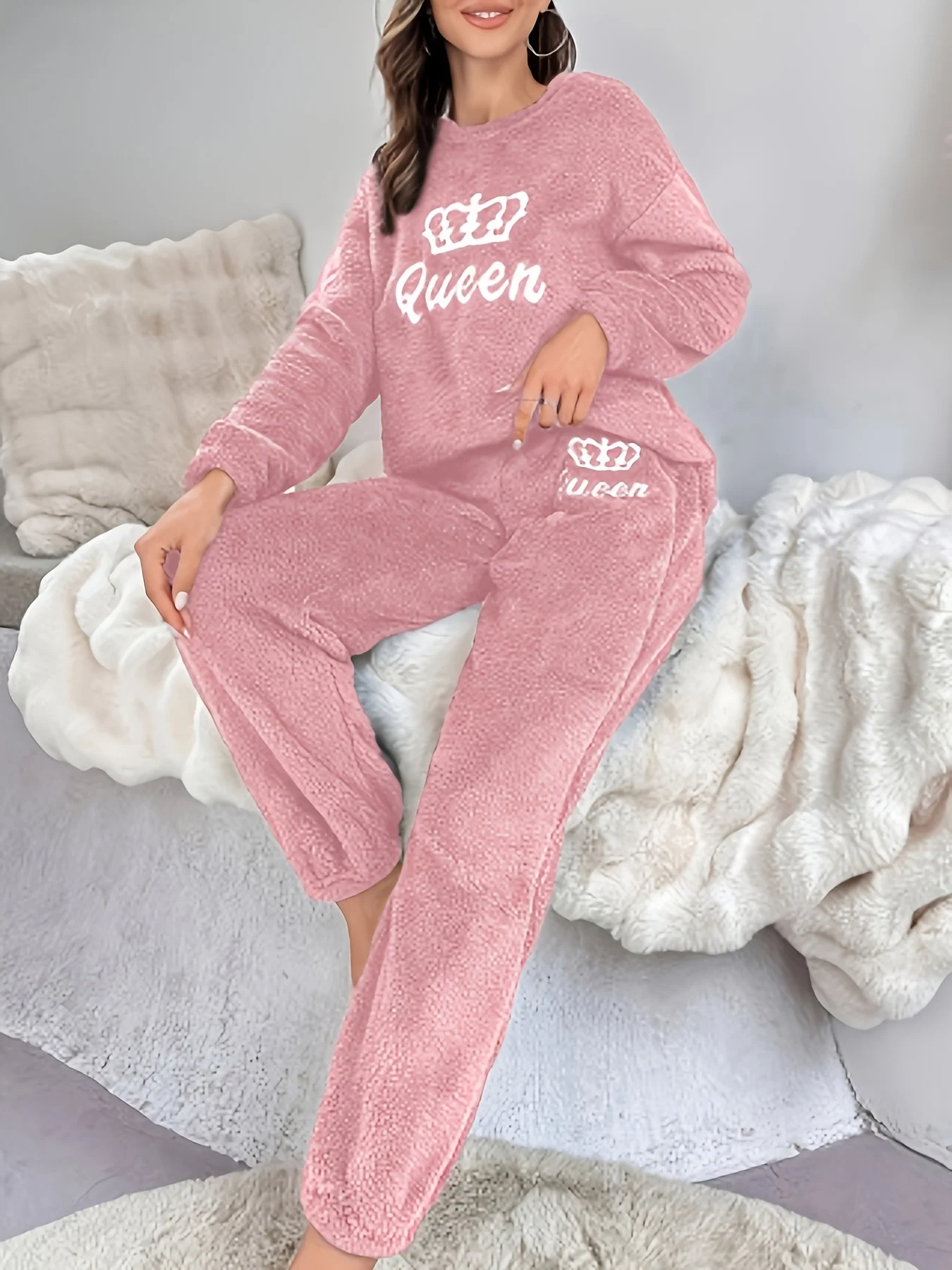 Women's plus-size velvet pajama set, featuring a long-sleeve top and matching pants, comfortable winter sleepwear - view 3
