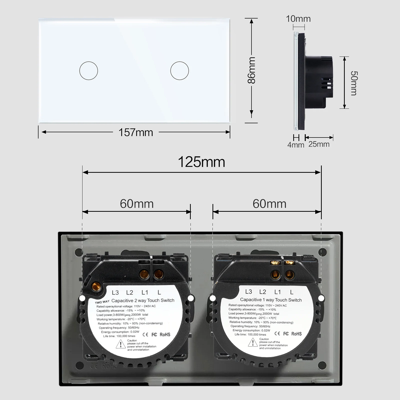 EU UK Russia Double Touch Lamp Switch Black Grey Gold White Crystal Glass Panel Touch Sensor Wall Switch AC110-250V 157mm*86mm