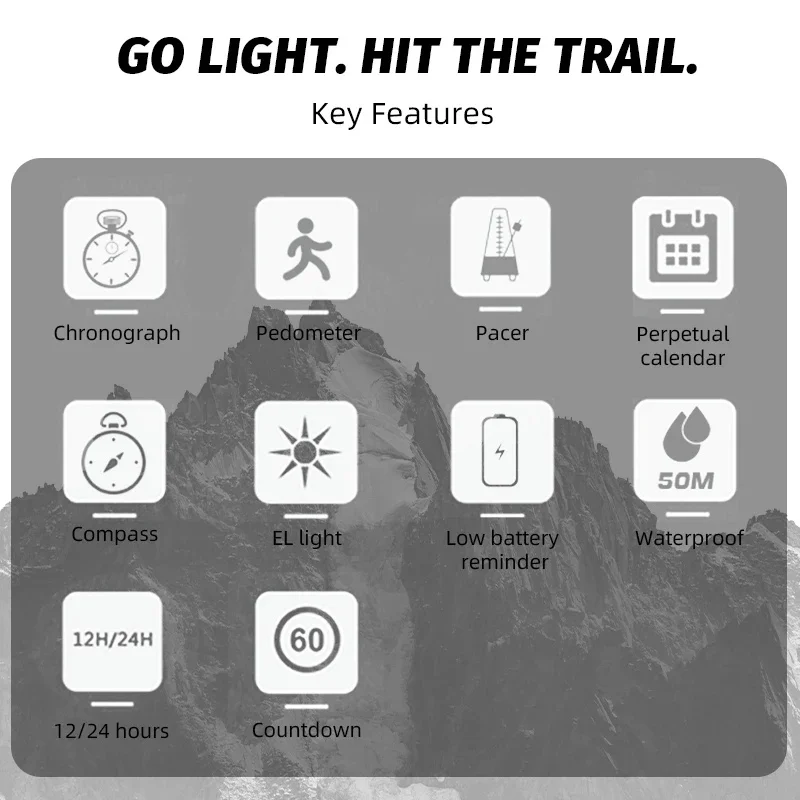 NORTH EDGE LITECORE Men Women Digital Watch Super Light Outdoor Sport Wristwatch Compass Pedometer 50M Waterproof Stopwatch Coun
