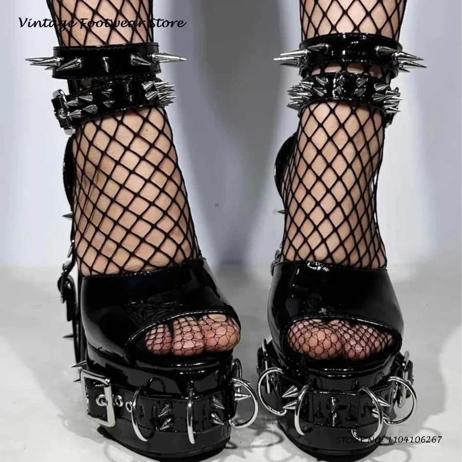 Gothic Rivet Belt Buckle Platform Sandals Round Open Toe Chunky Heel Cosplay Shoes Punk Style Streetwear Buckle Strap High Heels