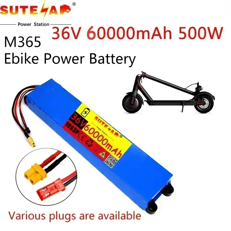 Bloco da bateria de lítio com BMS, 36V, 60Ah, 18650, 10S3P, 60000mAh, 500W, 42V, "trotinette" elétrico, M365, bateria do poder de Ebike, o mesmo porto