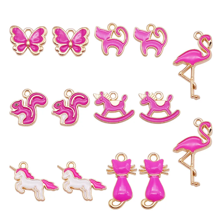 14PCS Enamel Rose Red Animal Charms Mixed Alloy Cat Unicorn Butterfly Squirrel Flamingo Pendant Handmade Jewelry Accessory