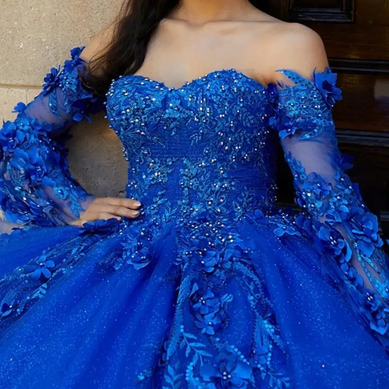 

Charming Royal Blue Women Party Dresses Long Sleeve Floral Applique Ball Gown Prom Occasion Dress 16 vestidos de 15 quinceañera