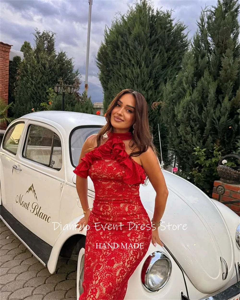 Dianruo Chic Ruches Halter Hals Avondjurken Bodycon Zeemeermin Applicaties Vestidos De Fiesta Rood Kant Prom Jassen Aangepaste