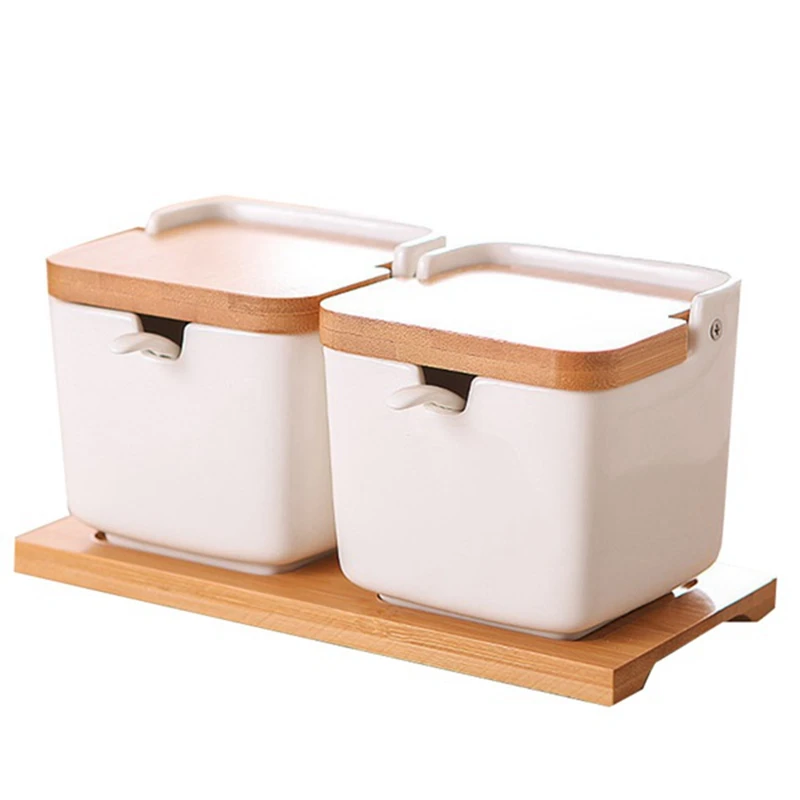 

Square Household Ceramic Seasoning Can Three Piece Creative Japanese Style Flip Seasoning Can With Spoon Wooden Tray